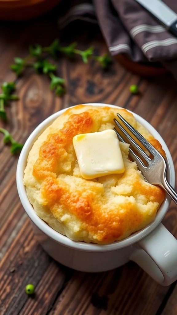 A cozy mug of keto bread with melted butter on top, surrounded by herbs on a wooden table.